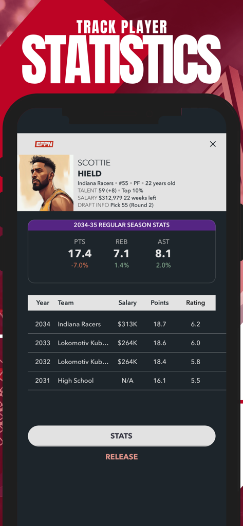 Basketball Agent Manager Star - A mobile game screen showing detailed basketball player statistics including career history and seasonal averages