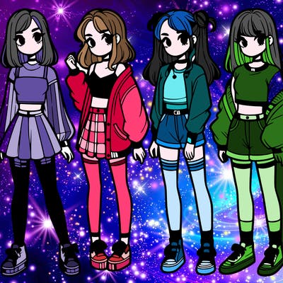 one girl with crop-top shirt and a jacket with a skirt, long socks and another girl with a shirt and pants with a jacket