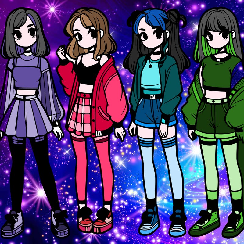 one girl with crop-top shirt and a jacket with a skirt, long socks and another girl with a shirt and pants with a jacket