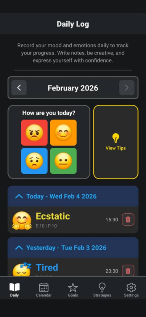 Pantalla de registro diario de la aplicación de diario WellBe que muestra iconos de seguimiento de estado de ánimo e historial.