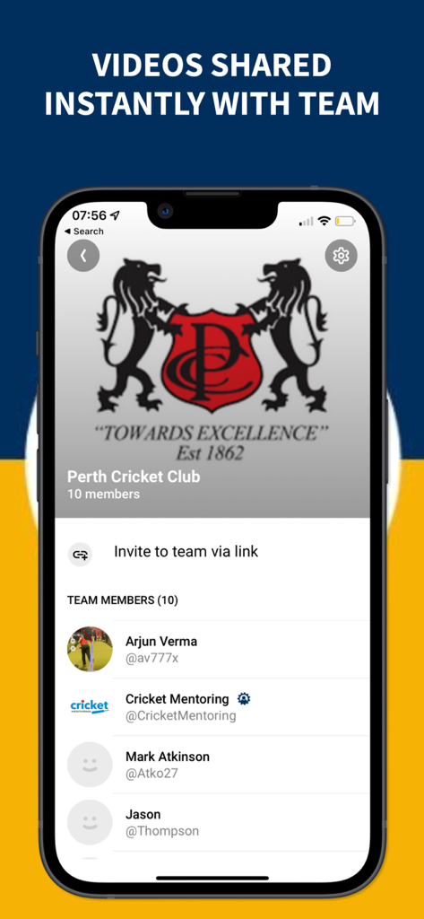 Fulltrack AI mobile app screen displaying a cricket team member list for instant video sharing.