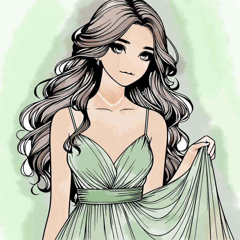 realistic girl in flowy silky prom dress