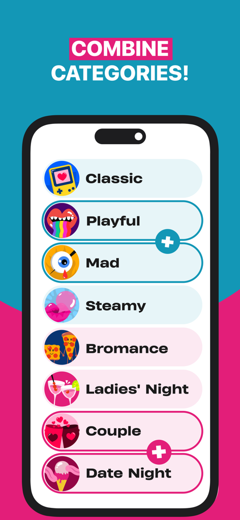 Smartphone screen showing various Truth or Dare game modes including Playful, Mad, and Steamy with an option to combine categories.