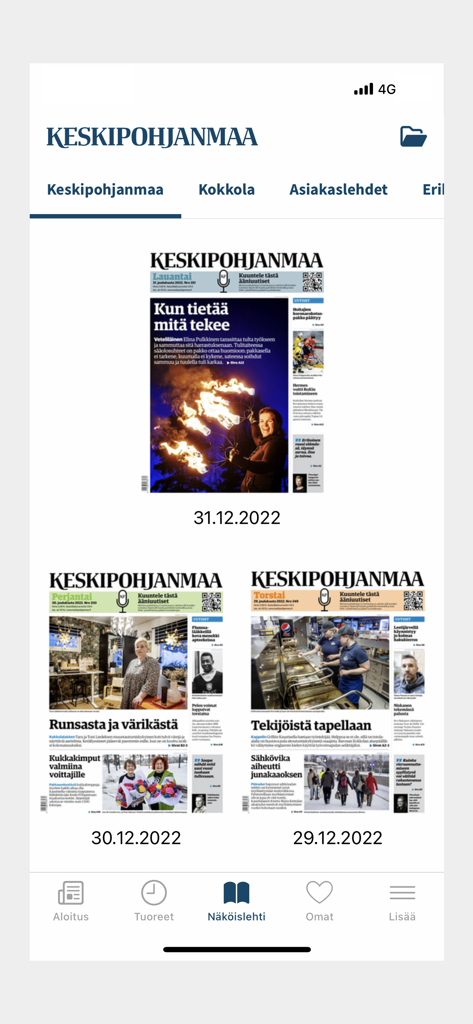 Digital replica view in the Keskipohjanmaa news app showing archived newspaper editions