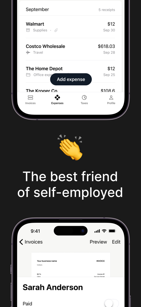 Tofu: Accounting & Bookkeeping - Tofu accounting app displaying expense lists and invoice previews for self-employed users