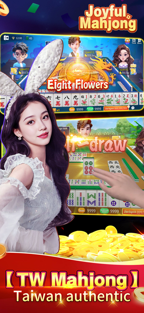 Joyful Mahjong - Lami、Casino - Interface du jeu mobile Joyful Mahjong montrant les règles authentiques de Taïwan avec des tuiles numériques et des pièces d'or.