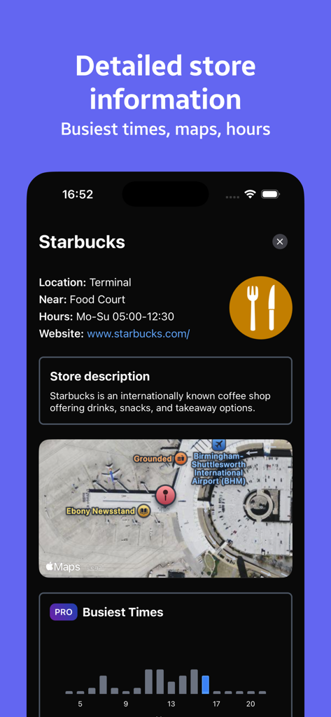 NavPort アプリの画面に、地図、営業時間、混雑時間チャートを含む詳細な空港店舗情報が表示されている。