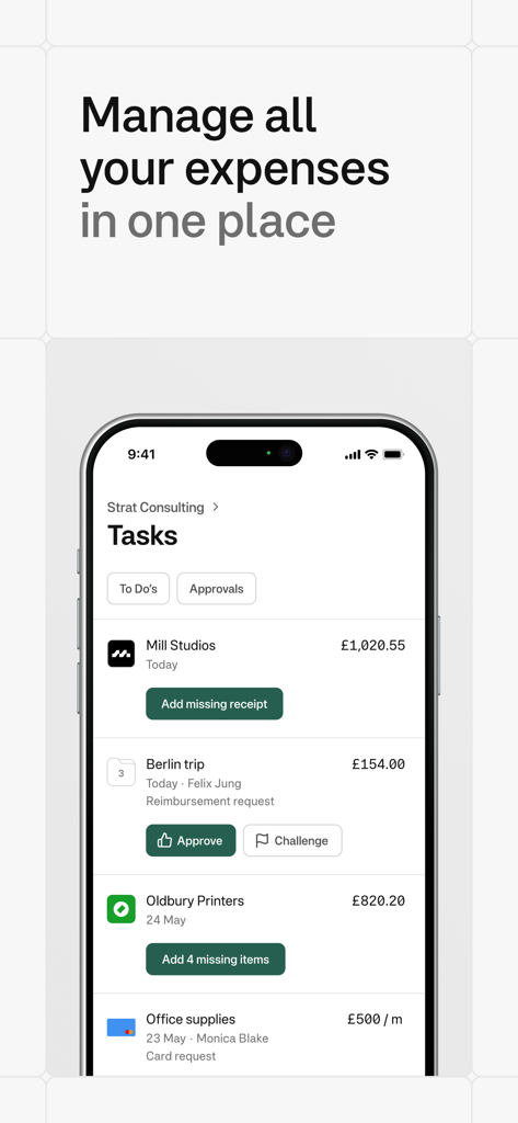 Moss app interface displaying business expense tasks and receipt approvals in one place