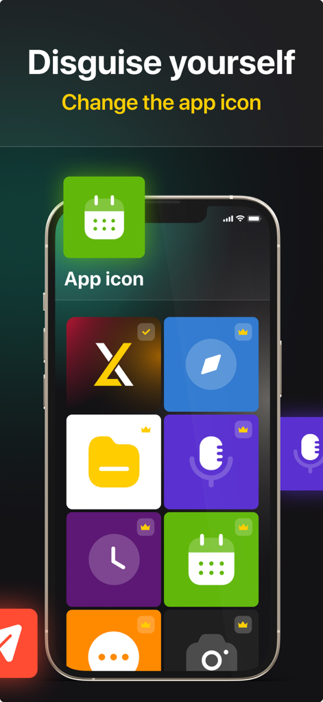Lock photos.Hidden video vault - Tela de smartphone mostrando opções para alterar o ícone do aplicativo para uma isca como calendário ou calculadora para privacidade.