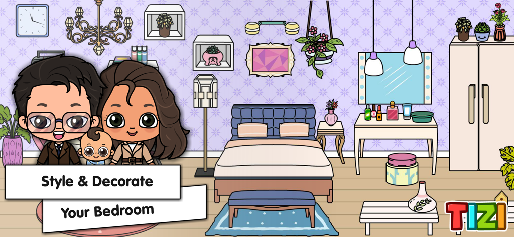 A family of three standing in a customizable cartoon mansion bedroom in Tizi Town My Mansion Games
