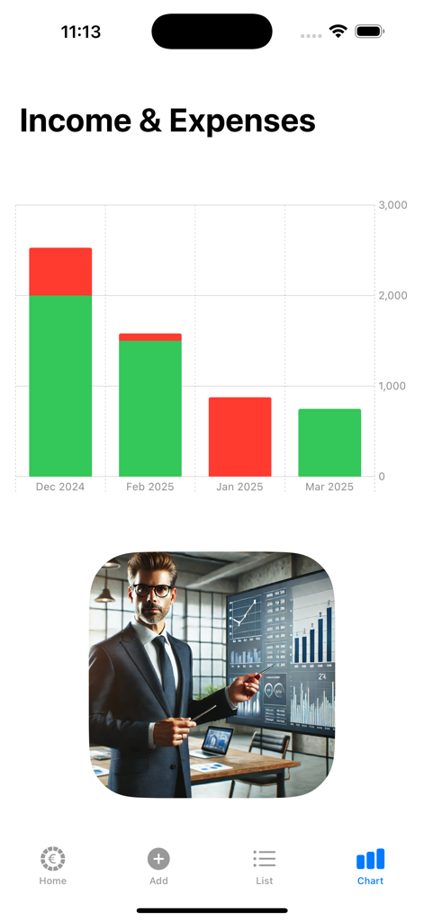 Pantalla de la aplicación Budget Flow mostrando un gráfico de barras de ingresos y gastos