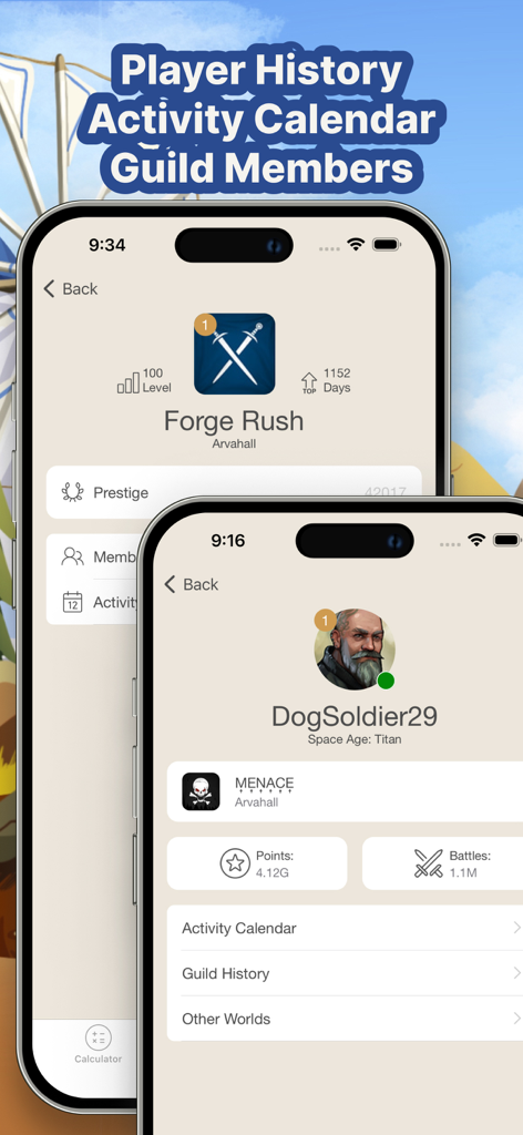 Interfaccia mobile che mostra la cronologia dei giocatori e le statistiche dei membri della gilda nell'app FoE Helper