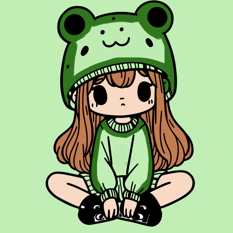 a girl wearing a frog hat and some frog socks
