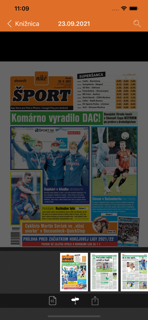 Digital edition of the Slovak sports newspaper Dennik Sport showing headlines and match betting odds.