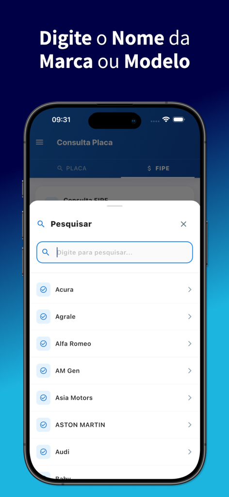 Tela do smartphone exibindo uma interface de busca por marcas de veículos incluindo Acura, Alfa Romeo e Audi.