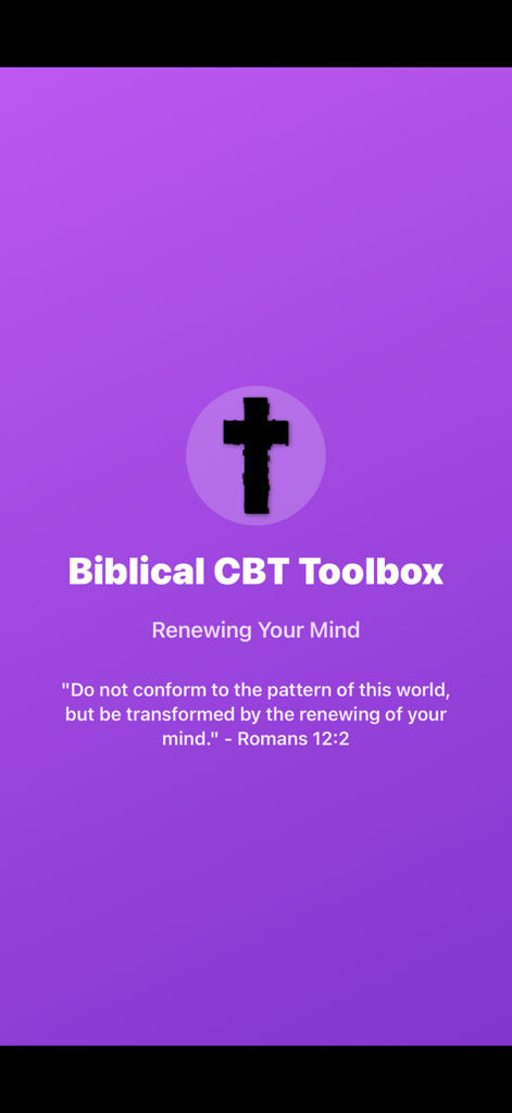 Faith Based CBT Tools - Tela inicial do aplicativo Biblical CBT Toolbox com um ícone de cruz e a escritura Romanos 12 2