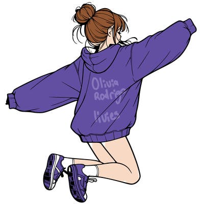 realistic girl jumping with a bun and oversized sweatshirt