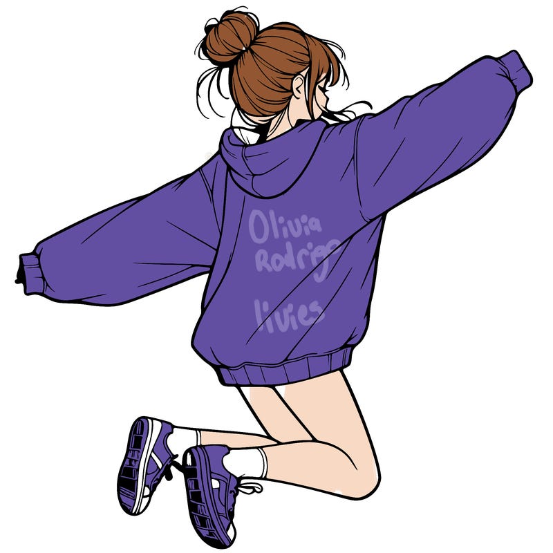realistic girl jumping with a bun and oversized sweatshirt