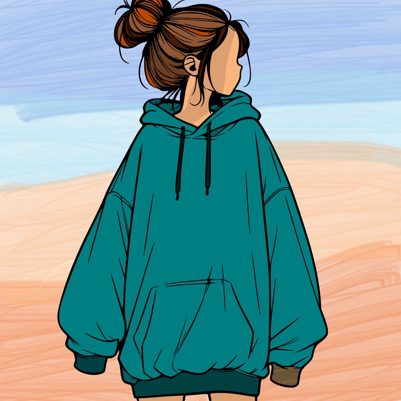 realistic girl with a oversized sweatshirt on and a bun