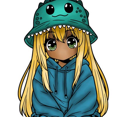 girl with anime shaped eyes with a dinosaur bucket hat oversized sweatshirt long straight hair