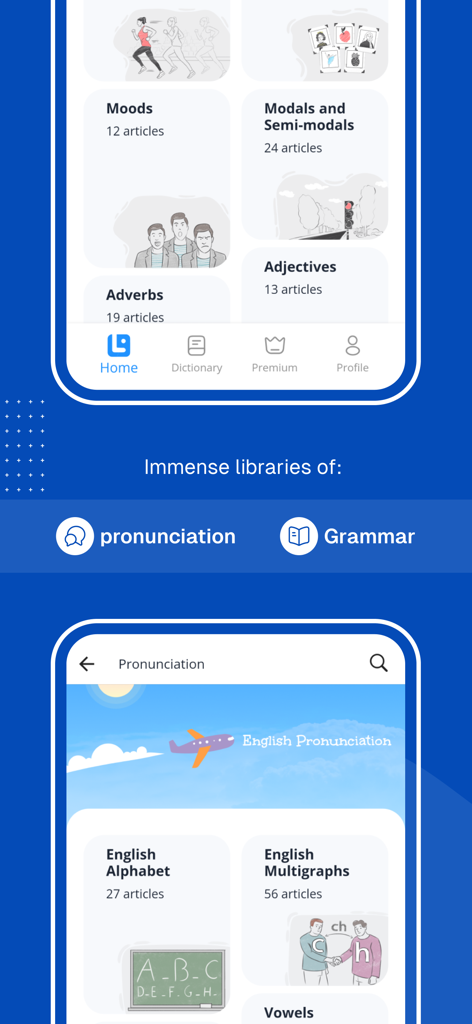 LanGeek |  Learn English - LanGeek app screens displaying extensive English grammar and pronunciation learning resources