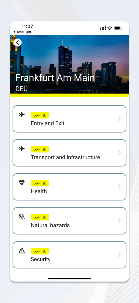 Atriis mobile - Travel safety and risk information for Frankfurt displayed in the Atriis mobile app