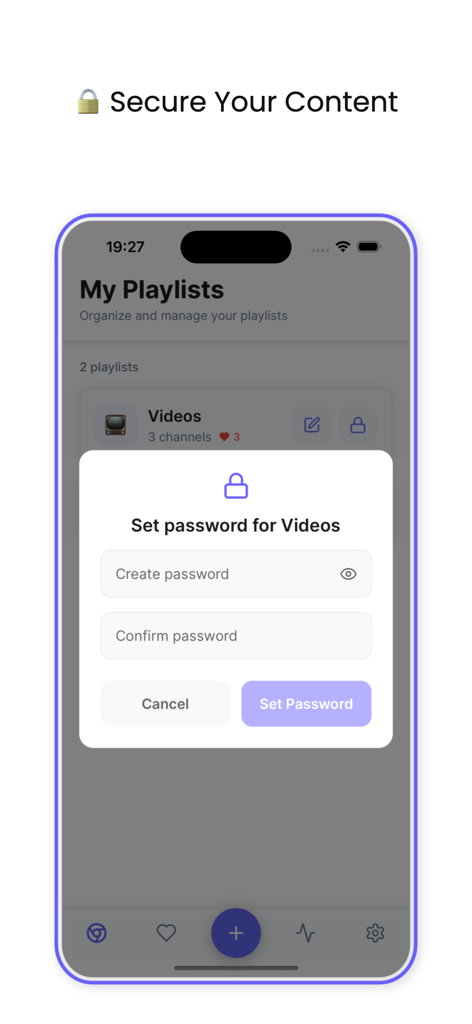 Drama Live - Interface de l'application Drama Live montrant la protection par mot de passe pour une liste de lecture vidéo.
