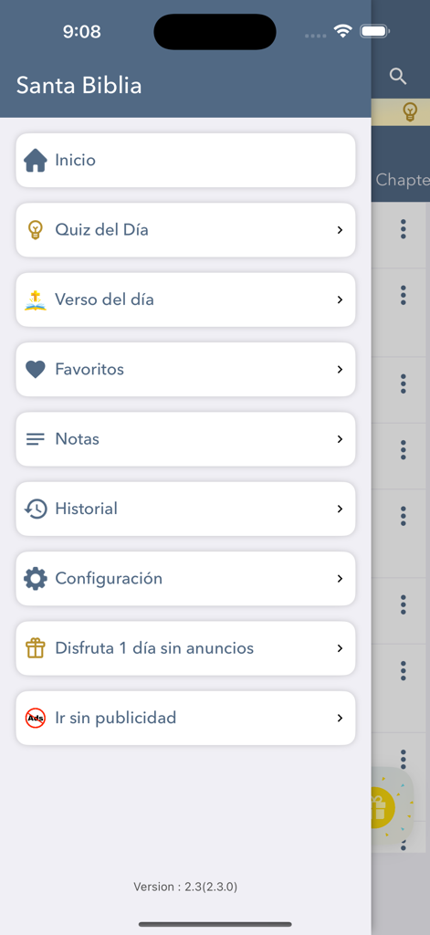 Menú de navegación principal de la aplicación Santa Biblia en Español mostrando funciones como Quiz Diario y Versículo del Día