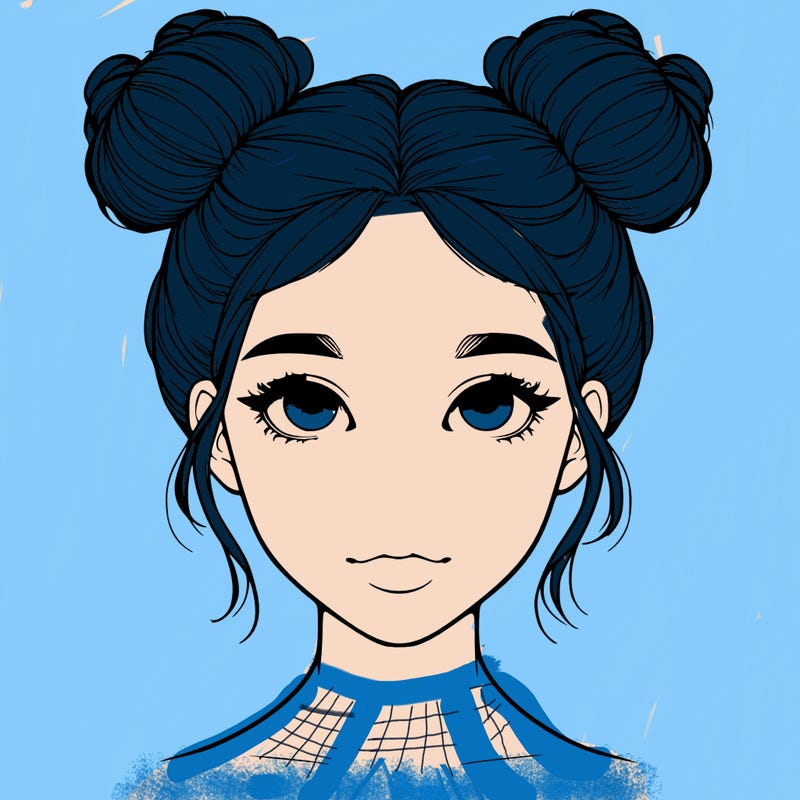 realistic girl with two buns on top of her head
