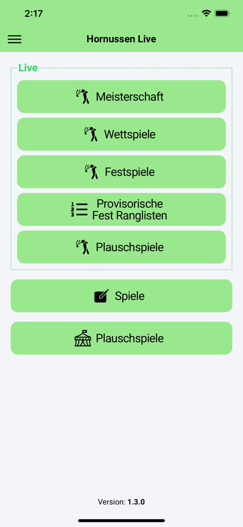 Hornussen - Hauptmenü der Hornussen Live Mobile App mit Kategorien für Meisterschaften und Spiele
