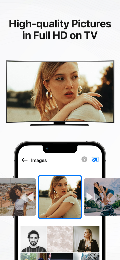 Wireless Display - TV+ - Un smartphone diffusant des photos de haute qualité sur l'écran d'un téléviseur intelligent incurvé.