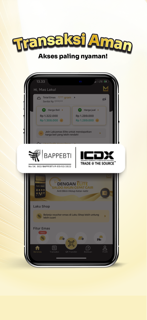 Lakuemas mobile app interface for safe gold investment showing current prices and regulatory certifications