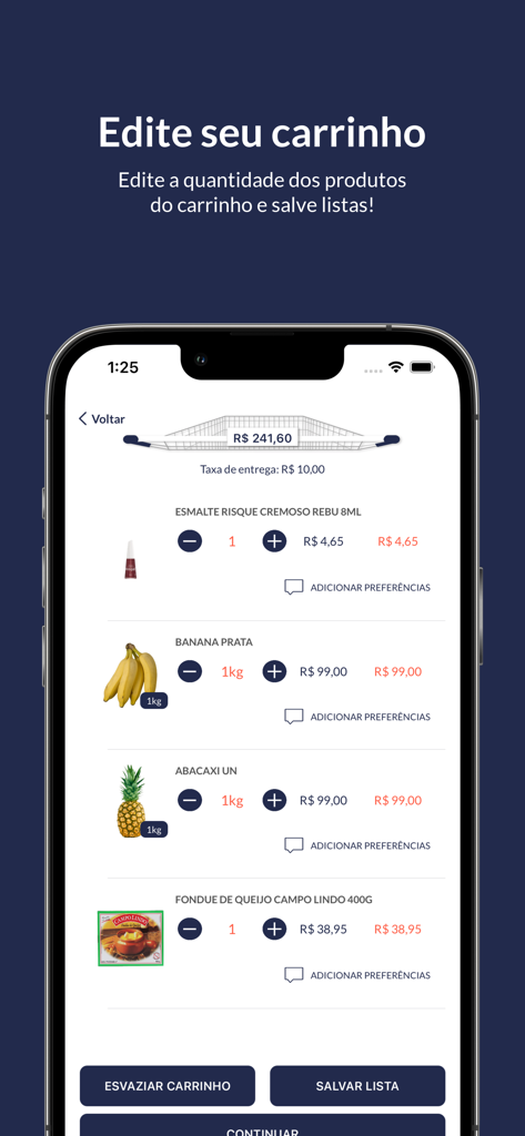 Feliz Farma - Tela do carrinho de compras do aplicativo Feliz Farma listando itens de mercearia e farmácia.