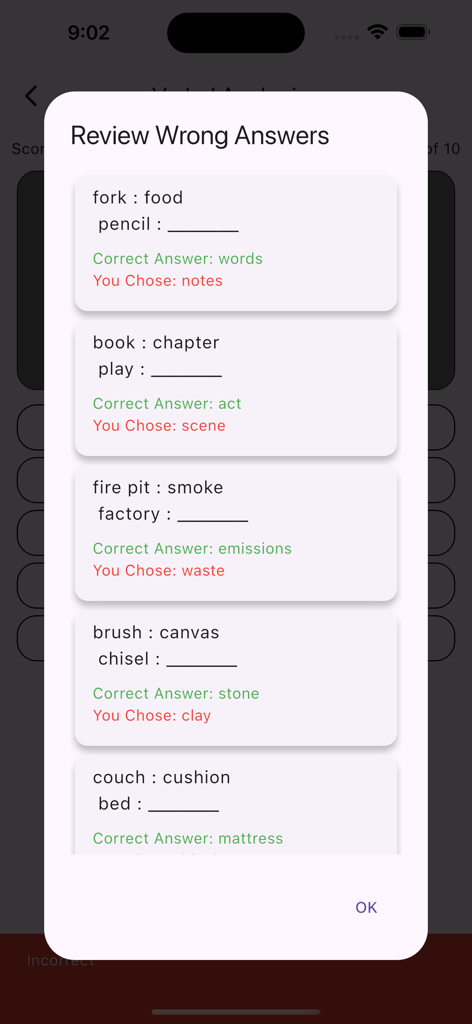 COGAT for Grade 7 & 8 - Review screen showing corrected verbal analogy questions with right and wrong answers in the COGAT app