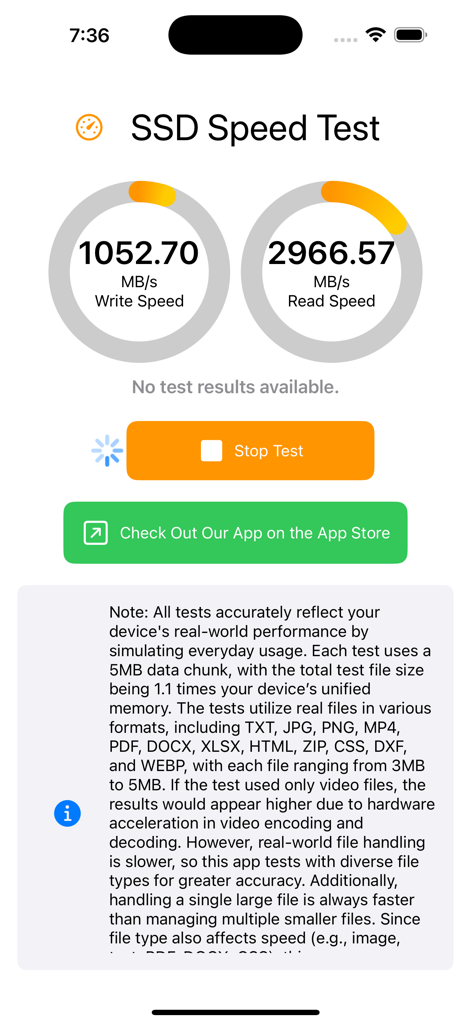 SSD Performance Test - Aplicativo Teste de Desempenho SSD mostrando benchmarks de velocidade de leitura e gravação