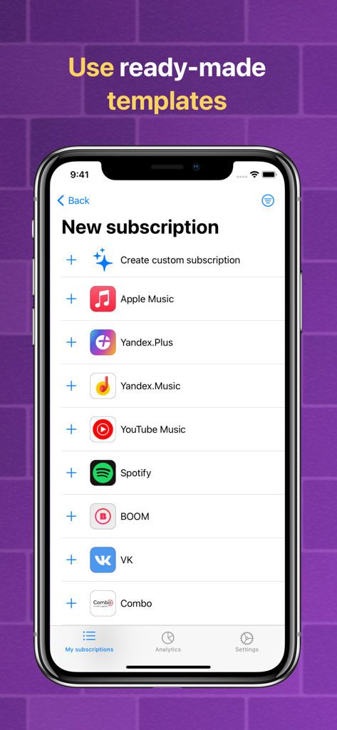 Smartphone screen showing ready-made templates to add new subscriptions like Spotify and Apple Music in the Suber app.