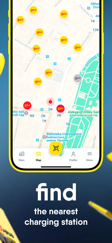 EnerGO mobile app map interface showing nearby power bank rental stations