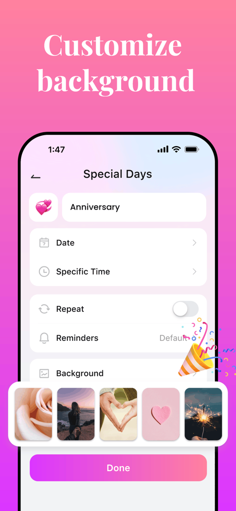 My Love ~ Relationship Tracker - Interface of the My Love app showing how to customize backgrounds for anniversary tracking and special days.