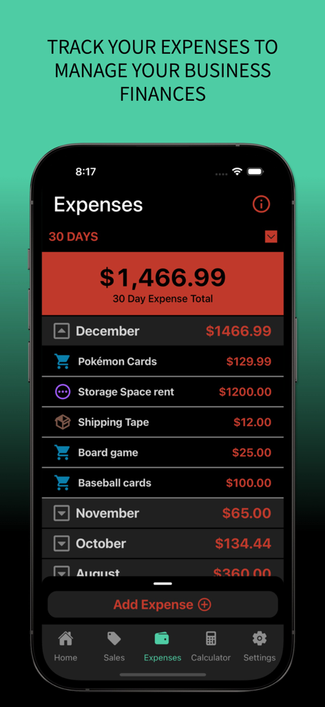 Smartphone screen showing the eProfit app expense tracking feature for managing resale business finances