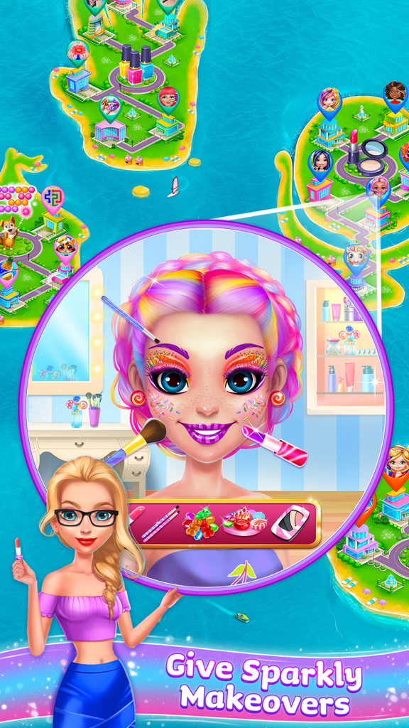 Game Islands - Play All Day - A girl with rainbow hair getting a sparkly makeover in the Game Islands app