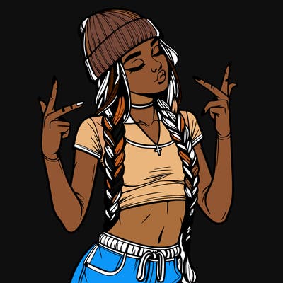 realistic teenage girl with braids and a beanie and crop top doing 🫶🏼