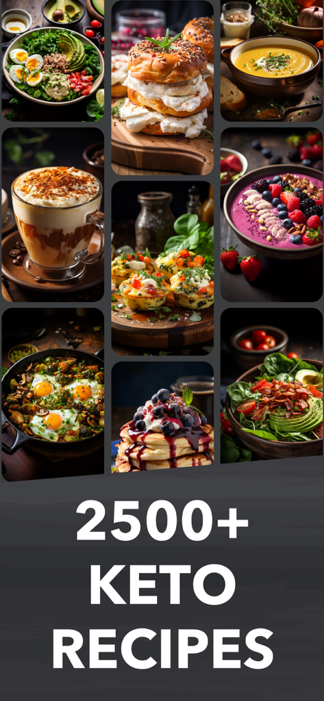 A collage of various keto friendly meals including salads breakfasts and snacks from the app.