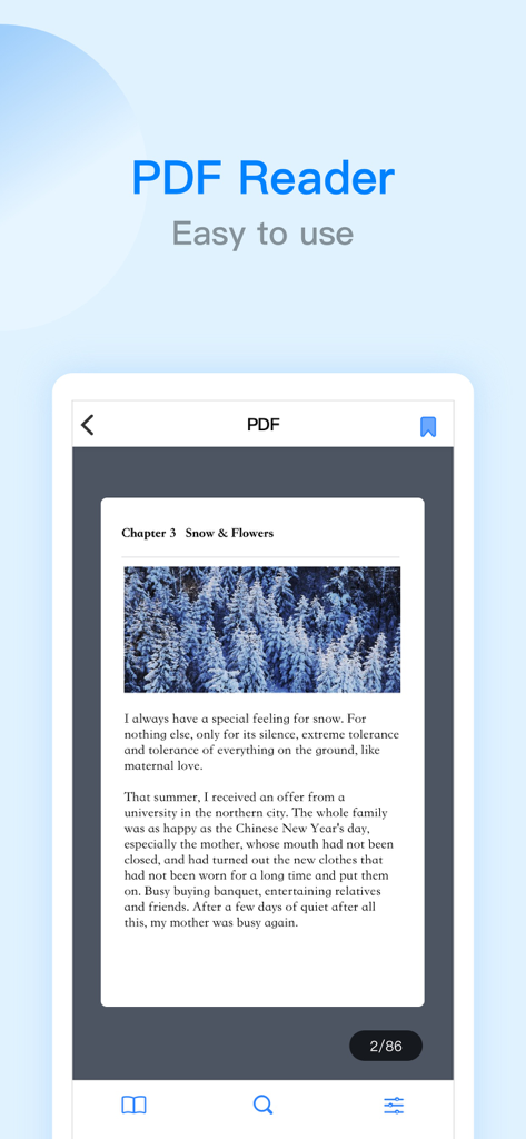 ES File Explorer mobile app screenshot showcasing the easy-to-use PDF reader interface with a document containing text and an image of snowy trees.