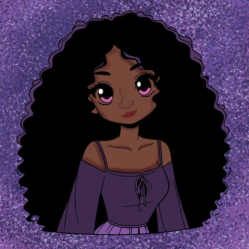 a black anime girl with long afro hair
