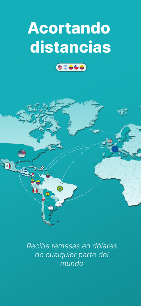 Tu Cuenta Dólar FACEBANK - World map illustrating international dollar remittances and banking connections across different countries.