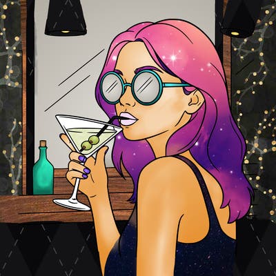 a girl in sunglasses drinking a martini