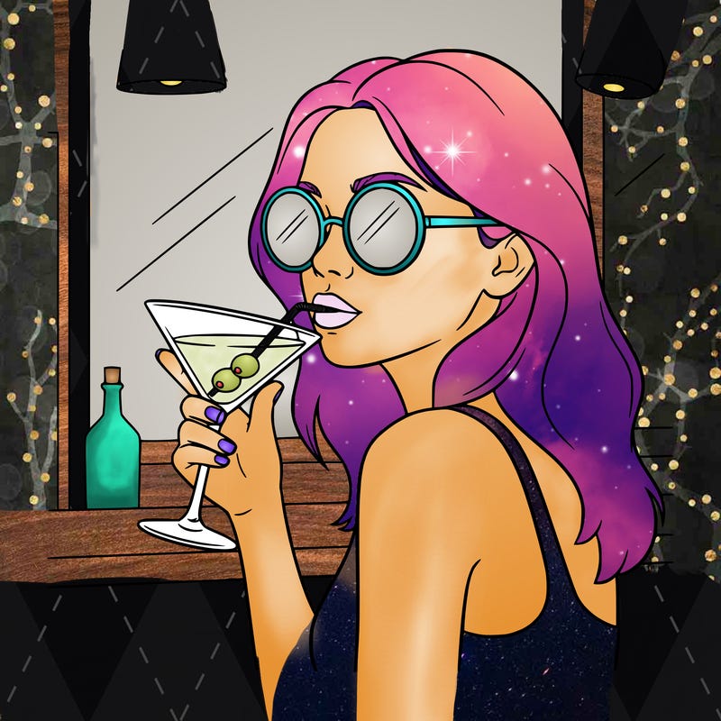 a girl in sunglasses drinking a martini