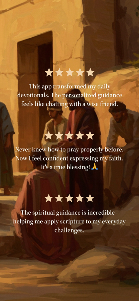 Three five star user reviews for the Faithy devotional app displayed over a biblical painting of Jesus