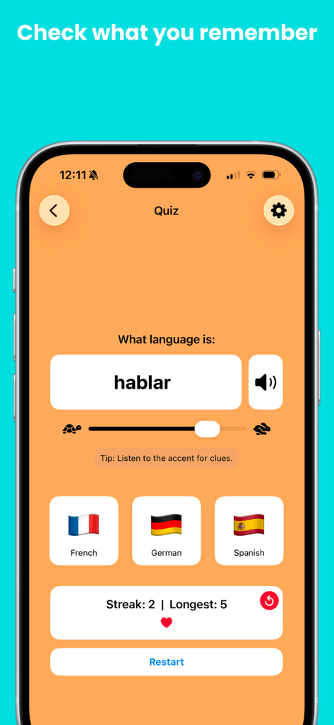 Drawn from Memory – Languages - A language quiz screen in the Drawn from Memory app asking the user to identify which language the word hablar belongs to with multiple choice flag options.