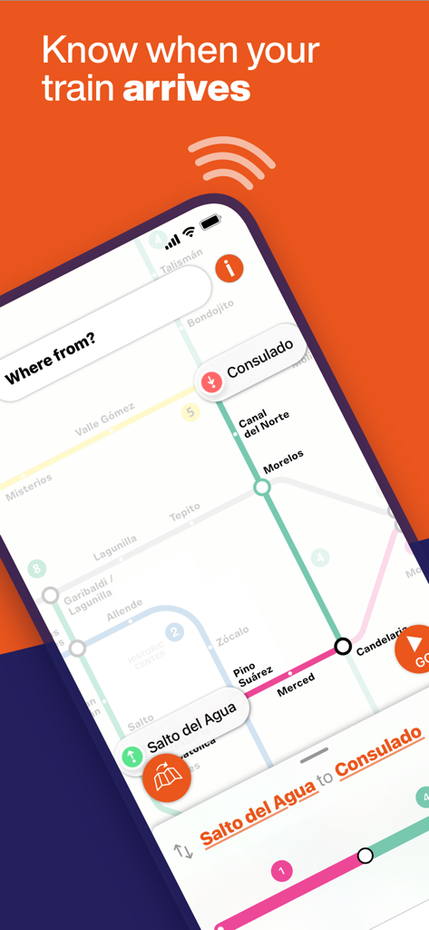 Interfaz de la app Mapa del Metro de la Ciudad de México mostrando una ruta planificada entre las estaciones Salto del Agua y Consulado